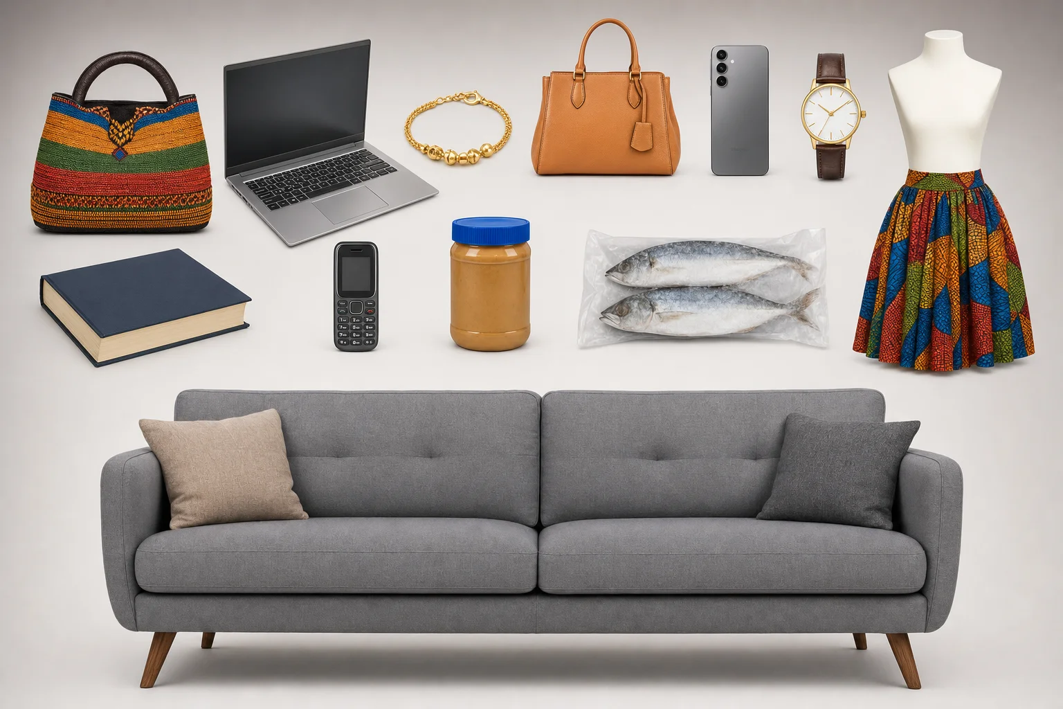 Produits variés : sac artisanal, canapé, ordinateur, mode, high-tech, alimentaire et plus