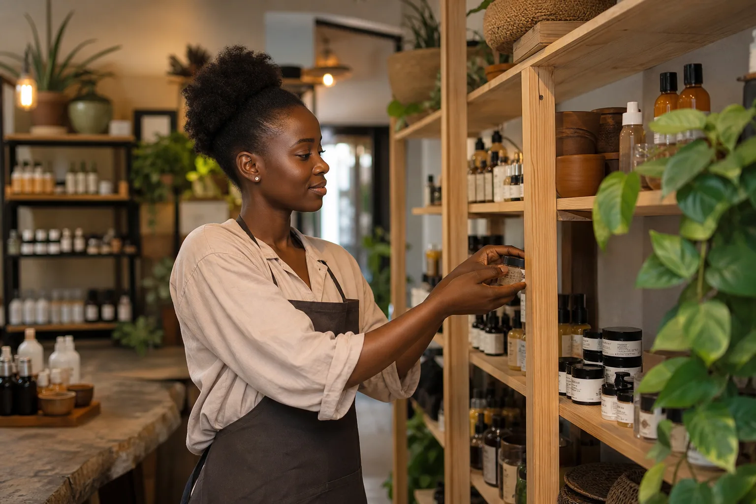 Vendeuse beauté avec produits skincare